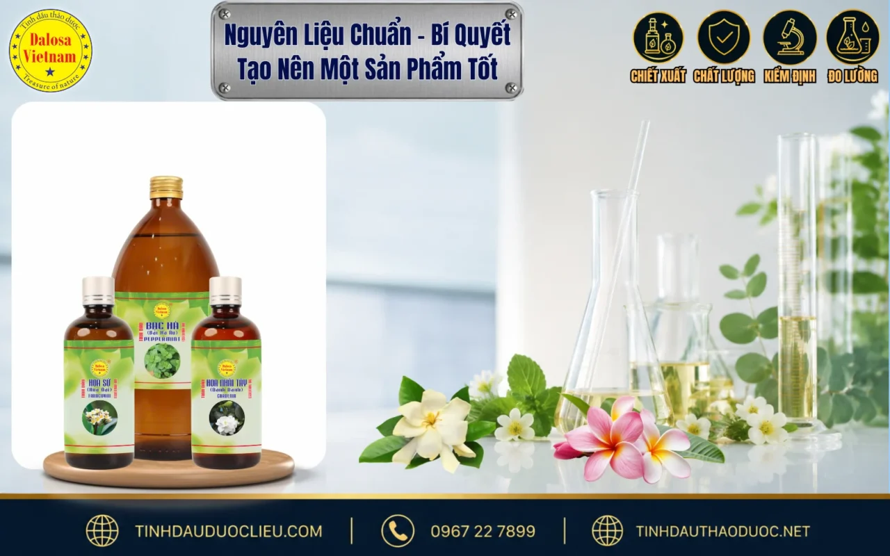 Nguyên Liệu Chuẩn – Bí Quyết Tạo Nên Một Sản Phẩm Tốt 1 Nguyên liệu chuẩn Dalosa gồm tinh dầu thiên nhiên và dược liệu được lựa chọn, đánh giá chất lượng trước khi cung cấp.