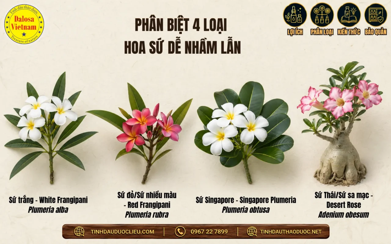 10 Tên Gọi Khác Và Cách Nhận Diện Tinh Dầu Hoa Sứ 2 Phân biệt Sứ trắng, Sứ đỏ, Sứ Singapore và Sứ sa mạc