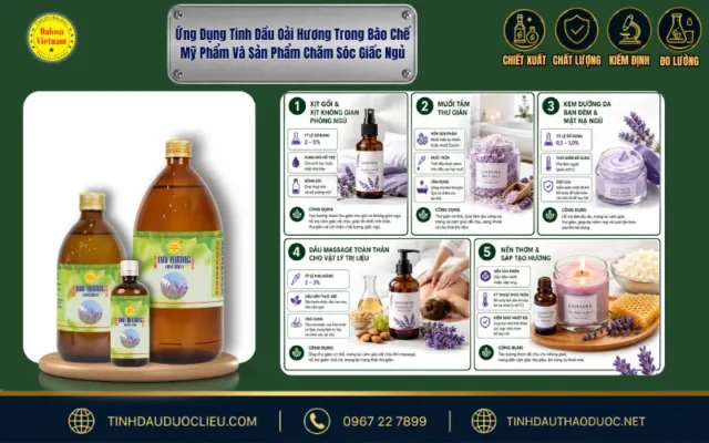 Đồ họa chi tiết ứng dụng tinh dầu oải hương trong mỹ phẩm, nước hoa và nến thơm
