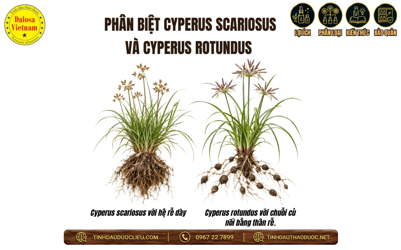 Tổng Hợp 12 Tên Gọi Khác Của Tinh Dầu Cỏ Cú 2 phan biet cyperus scariosus va cyperus rotundus
